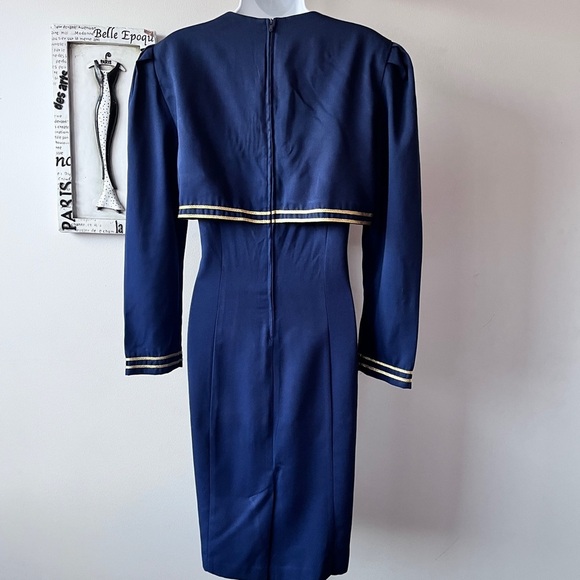 Vintage 80s Jessica Howard Military Flight Attendant Dynasty Navy Dress - Picture 7 of 12